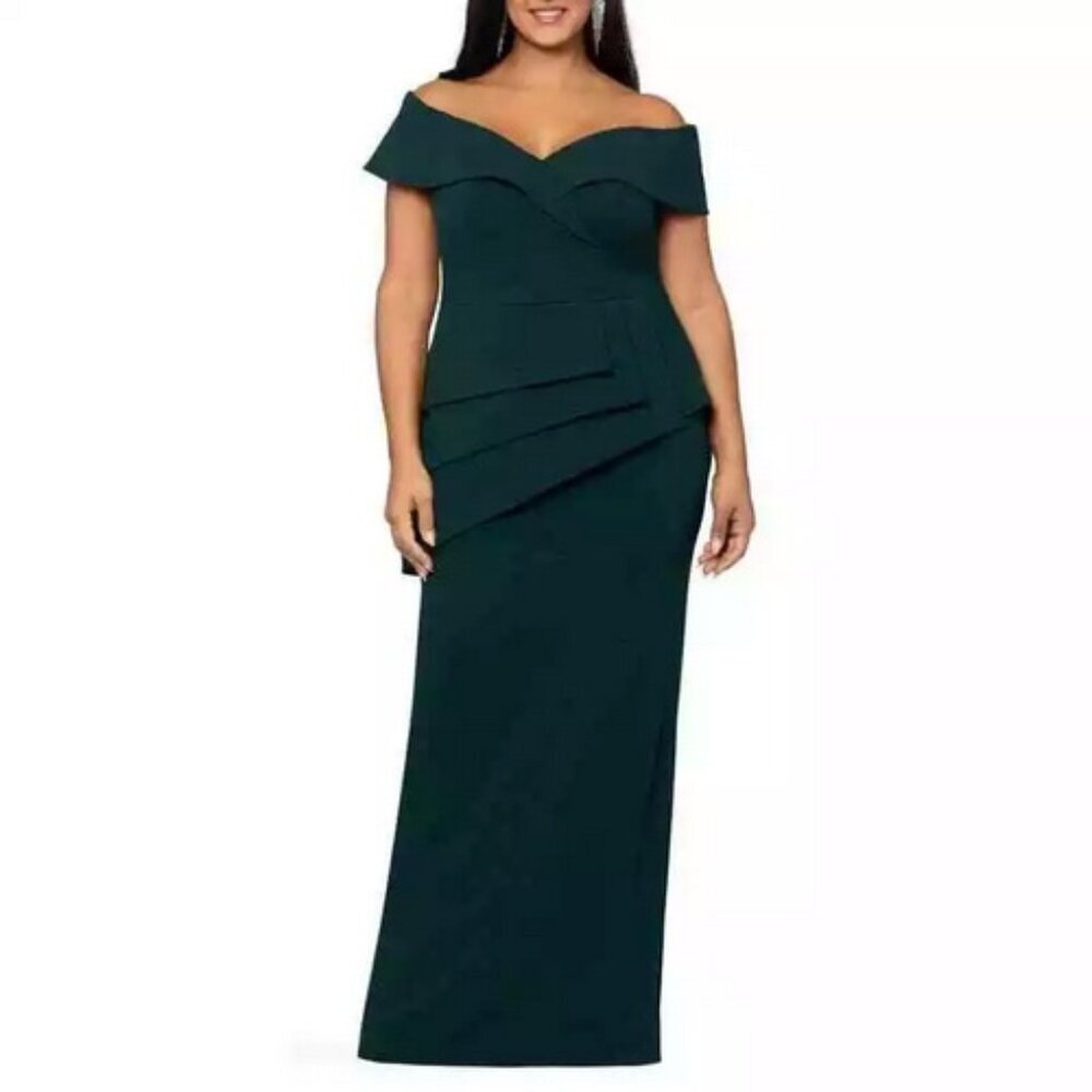 Xscape Pine Green Off the Shoulder Scuba Crepe Column Gown